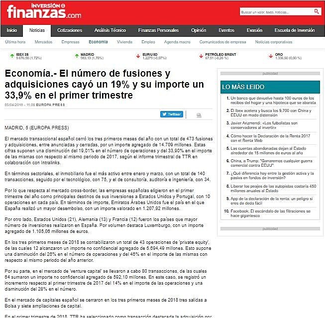 El nmero de fusiones y adquisiciones cay un 19% y su importe un 33,9% en el primer trimestre